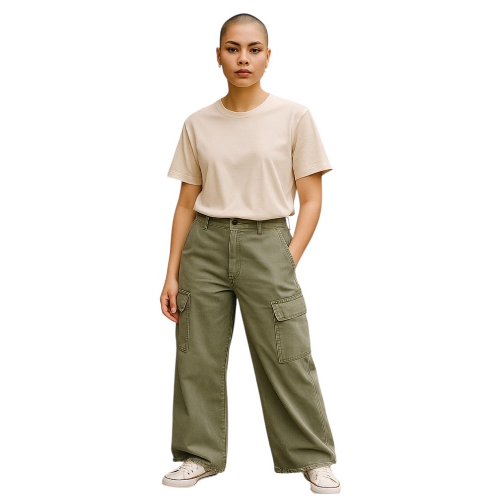 Oat Jeans Womens Size 12/31 Sage Green Cargo Raw Hem Utility Combat Trendy Wide - Picture 3 of 15